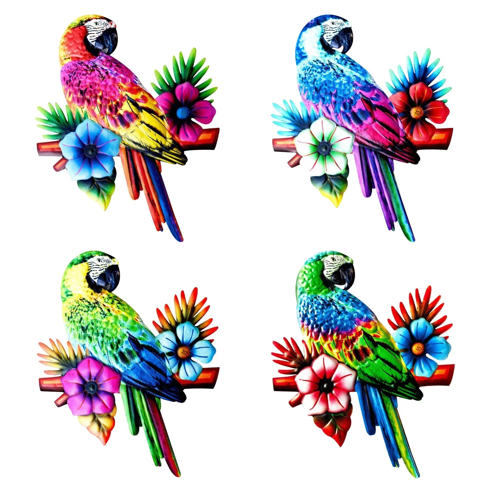 Iron Parrot Wall Decor Colorful Parrot Flowers Leaves Wall Hanging Decor Wall Art Ornament for Outdoor Garden Indoor Living Room