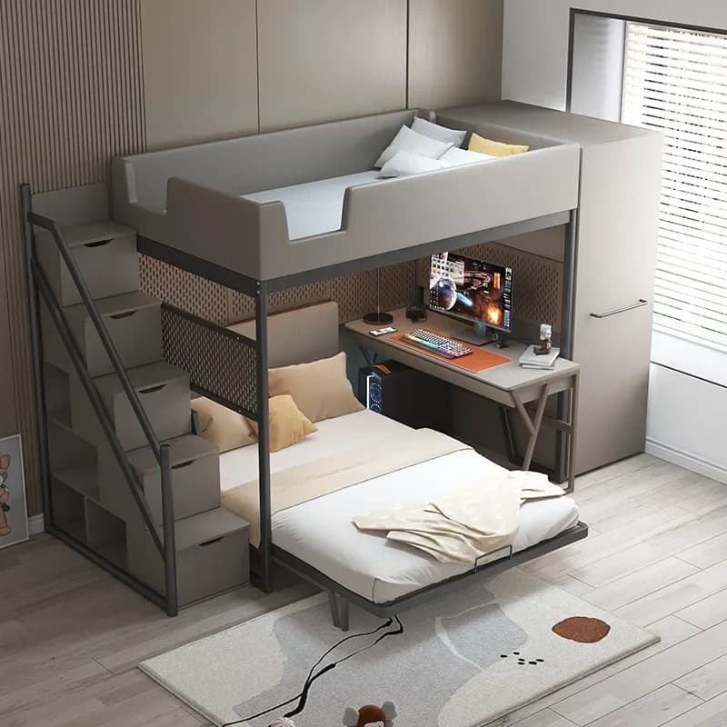 Small apartment wrought iron staggered high and low bed, two-layer combination bed with T-shaped mother and child bed