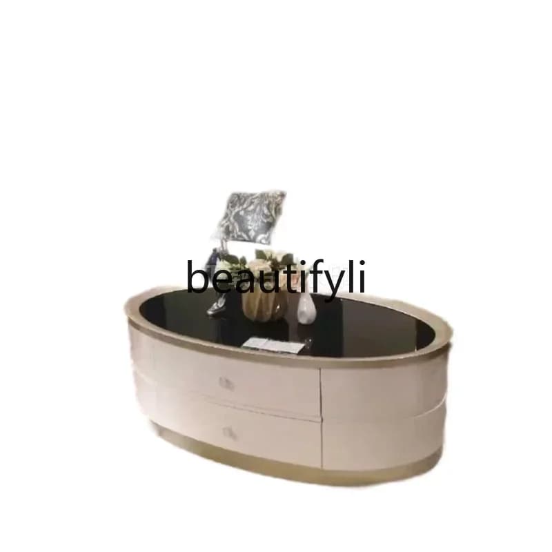 Cy56 French minimalist modern ivory white cream style oval solid wood coffee table American light luxury, combination