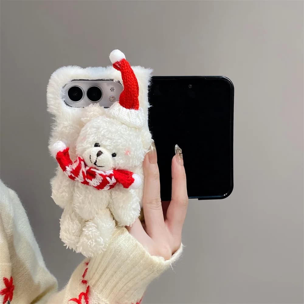 Cute Fuzzy Plush 3D Bear Doll Red Hat Scarf Phone Case for iPhone Duo Cozy Soft Winter Holiday Full Wrapped Protection Cover