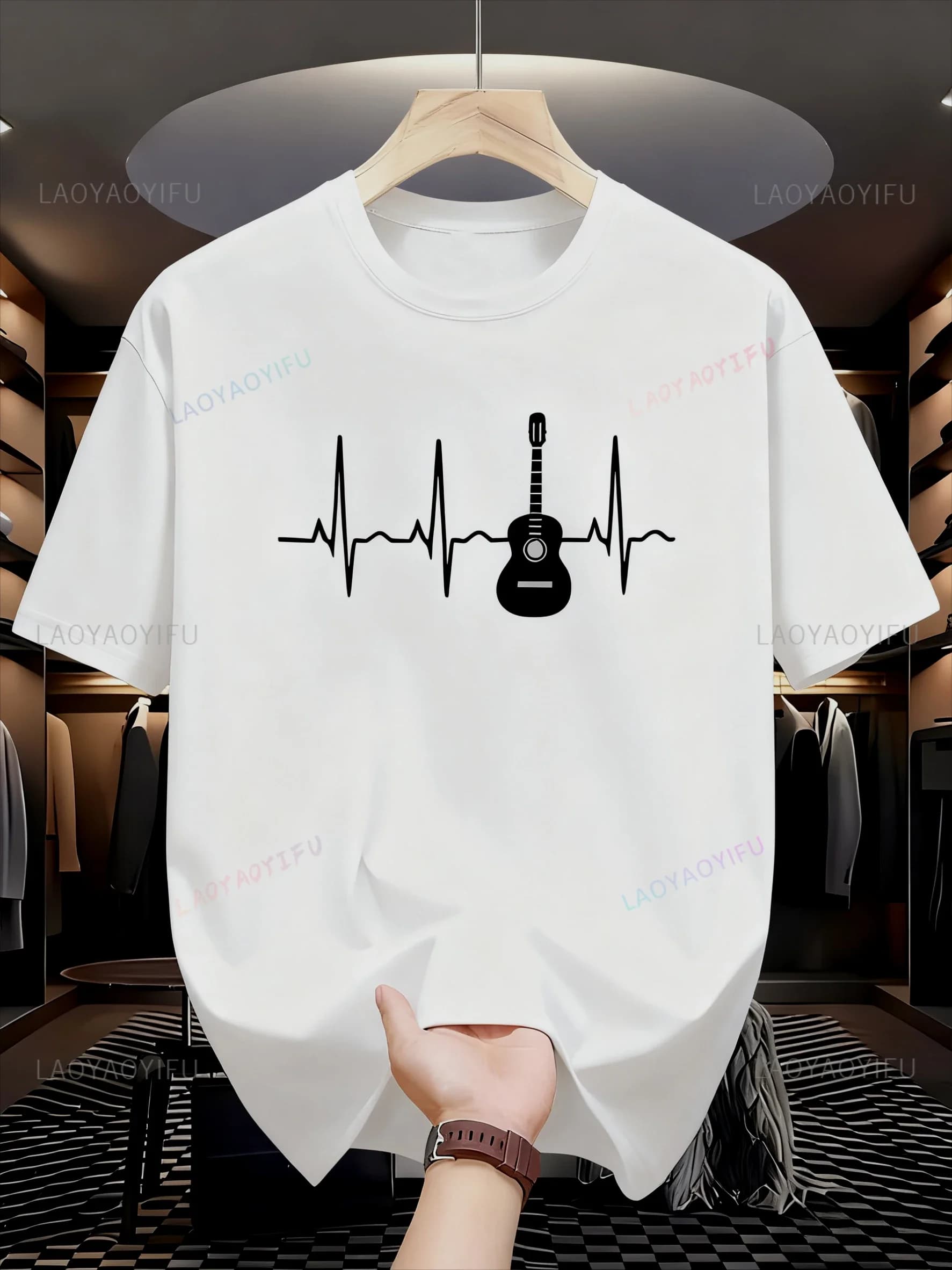 Black Men's Rock Style Guitar Graphic T-Shirt Casual Short Sleeve Top with Heartbeat Line Design Men's Tees Men's T Shirt