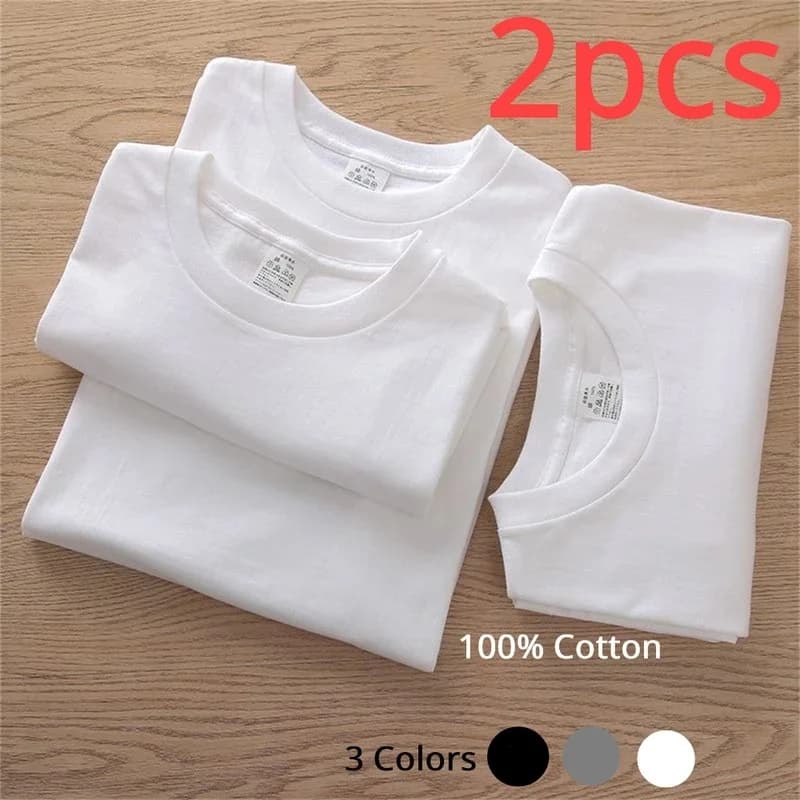 2PCS 100% Cotton Solid T-Shirt Men Women Short Sleeve Breathable Loose Casual Couple Tee Tops Summer Unisex Wear