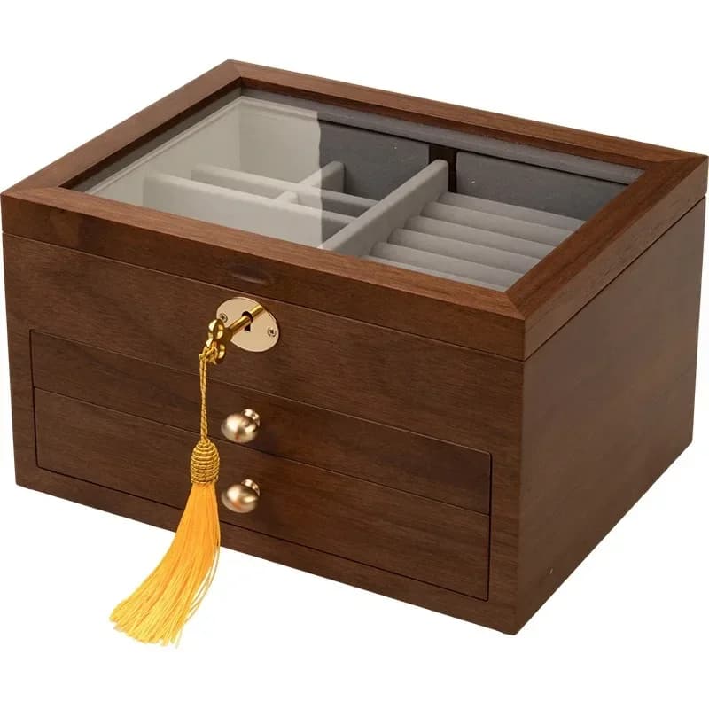 Wooden jewelry box, storage box, high-end exquisite necklace box with lock, ring box, new large-capacity gold jewelry box.