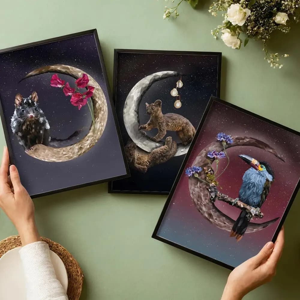 Crescent moon and animals Poster Stickers HD Painting Self-Adhesive Art for Bedroom Living Room Home Decor Modern Decals Gift
