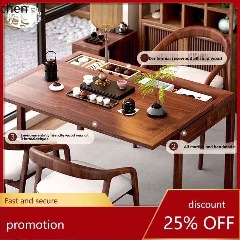 CZ Solid Wood Sliding Tea Table New Chinese Style Negotiation Table Modern Simple Living Room Storage Dining Table Integrated
