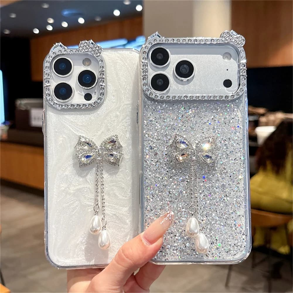 Luxury Shimmer Glitter Bow Pearl Pendant Phone Case for 17 Pro Max Bead Strap Cat Ear Rhinestone Cover for iPhone 16 15 14 13.