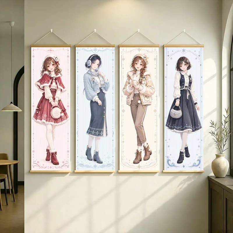 Anime Women in Red, Blue, Beige and Navy Outfits Hanging Scroll with Fine Floral Borders and Soft Colors for a Bedroom