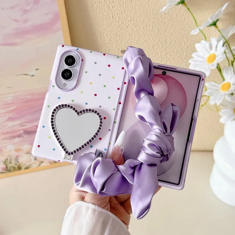 For Samsung Galaxy Z Fold 8 Wide Mirror Phone Case Protection Hinge Pc Shell With Holder Silk Scarf Bracelet Back Cover