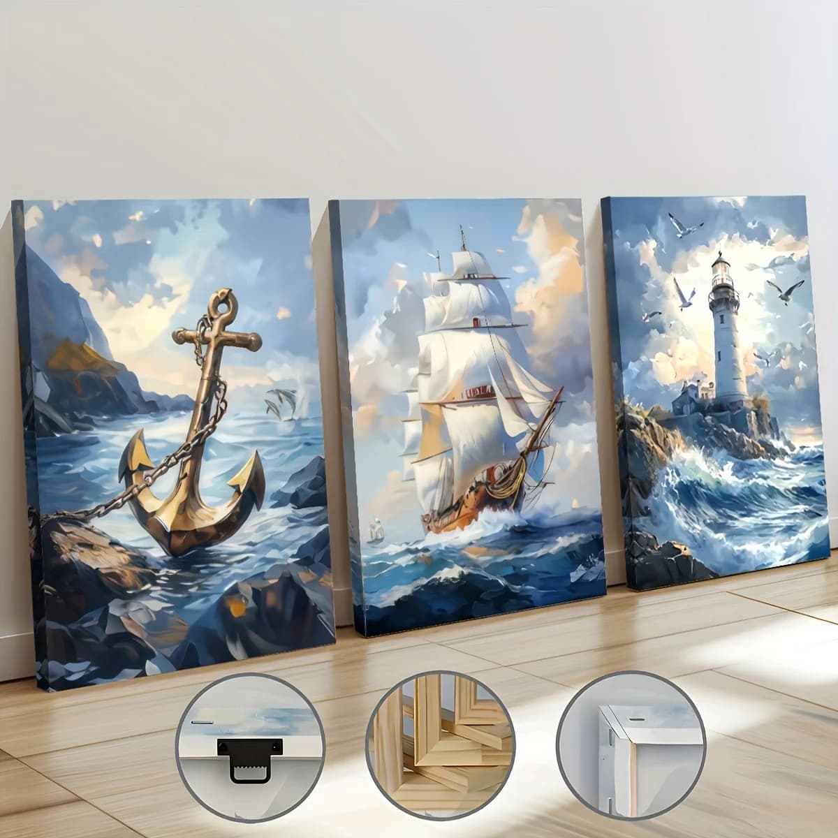 3PCFramed Canvas Painting Ready To Hang Featuring Abstract Nautical Themes Ships Anchors Sailboats for Home DecorRoom Decoration
