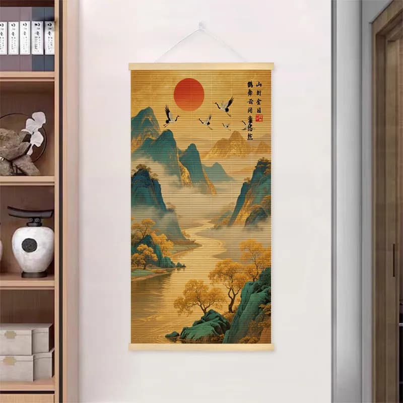 Home Decor New Chinese Style Bamboo Scroll Wall Art Mountain Landscape Ink Wash for Living Room Bookstore Reading Office study