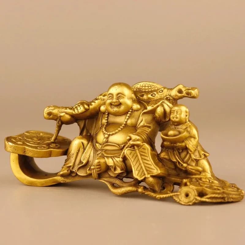 Brass Maitreya Buddha Figurine with Copper Ruyi and Ingot, Buddha Statue Ornament for Home and Car Dashboard Decoration
