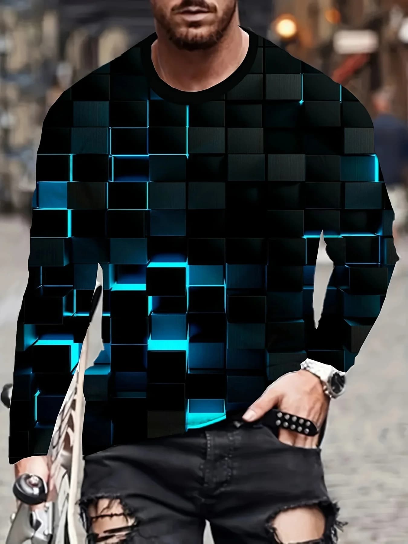 Men’s Neon Cube Print Long Sleeve T-Shirt 3D Geometric Graphic Casual Crew Neck Top  Autumn Thin Fashion Pullover