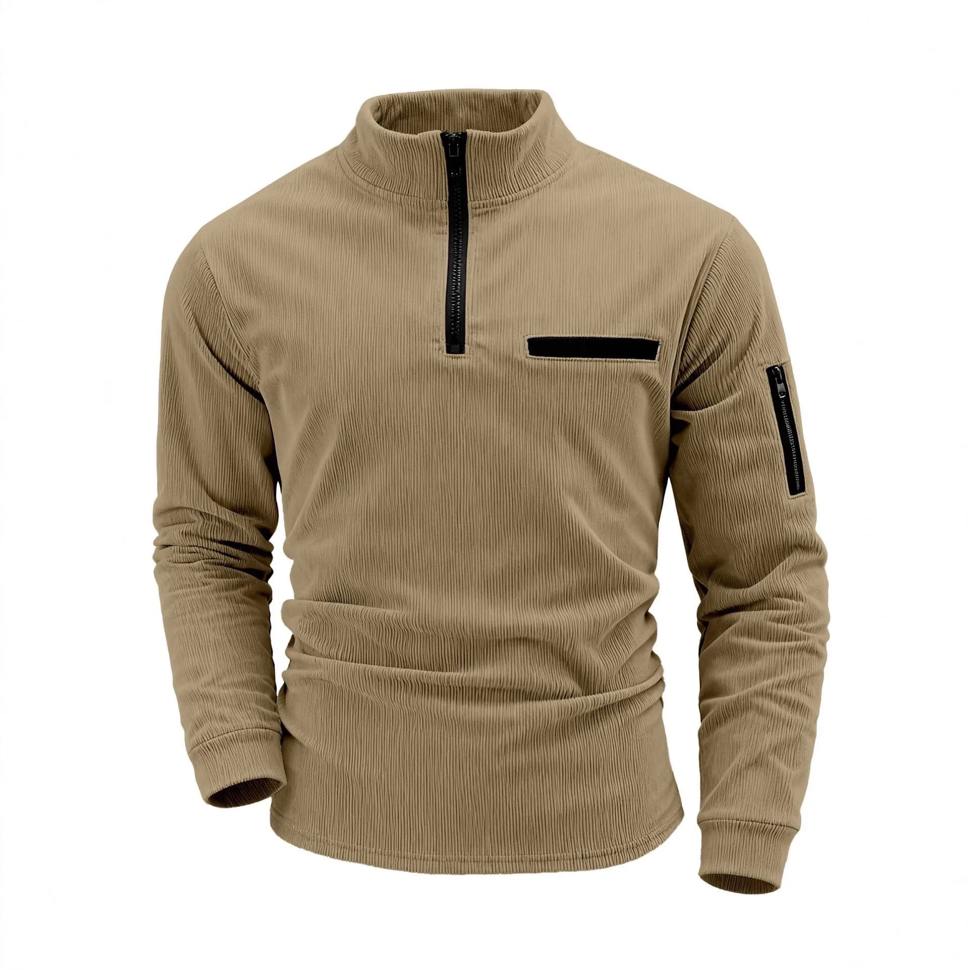 K-pop New Corduroy Polo shirt Men's Solid color Casual Long sleeved Sweatshirt Personalized arm Zipper Design Men's Pullover