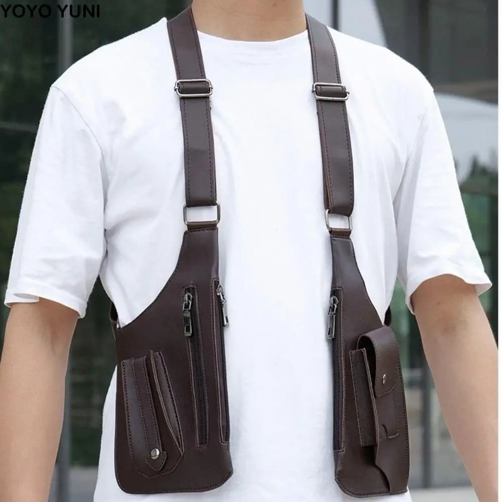 Leather Strap Underarm Strap Wallet Pocket Vintage Double Hidden Pocket Mobile Phone Purse Luxury Vest Bag Double Shoulder Pouch