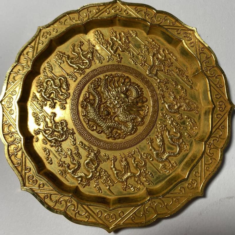 Qing Dynasty copper plate nine dragons playing with pearls, gilt living room ornament, antique collectible, home decor