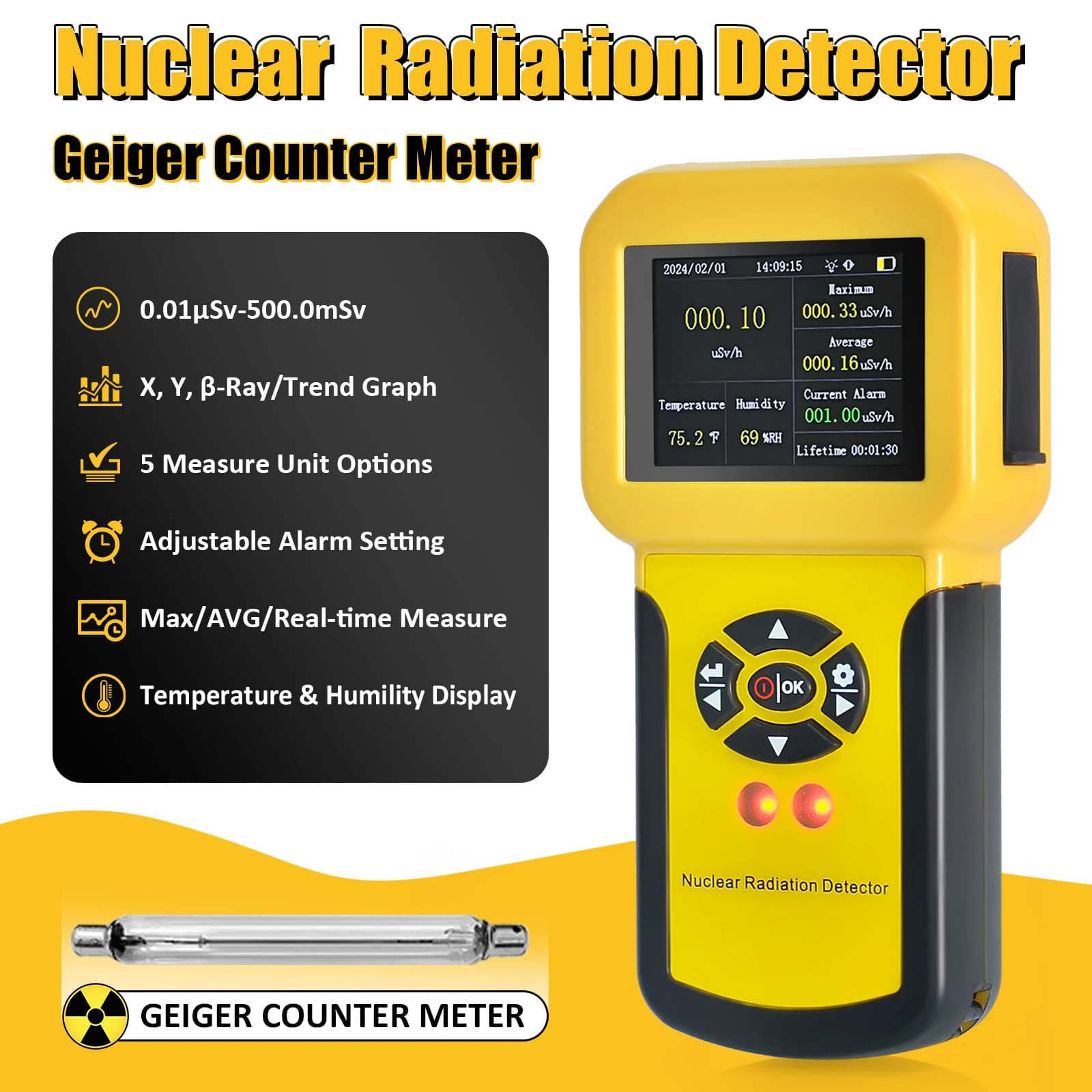 HoldPeak Geiger Counter Nuclear Radiation Detector, EMF Detector Dosimeter Detecting X γ β Rays, Temperature Humidity Monitor
