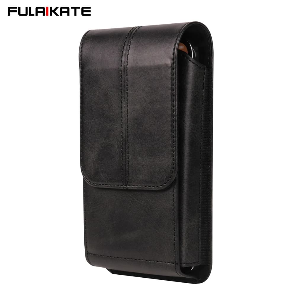 FULAIKATE New Crazy Horse Vertical Waist Phone Bag for iPhone 15 Pro Max Men's Leather Pouch for Samsung S24 Ultra 6.1-7.2"