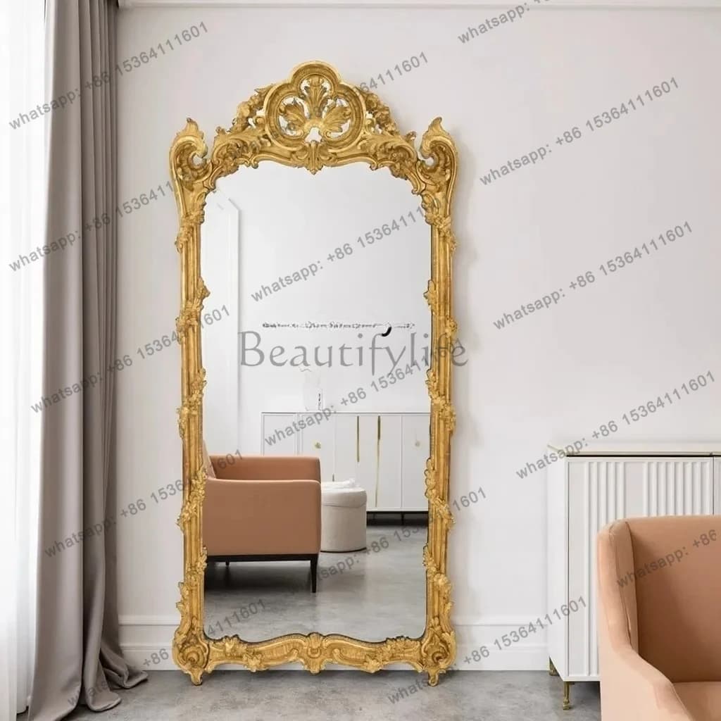 fg26French Retro Carved Dressing Mirror European Style Light Luxury Living Room Wall-Mounted Full-Length Mirror