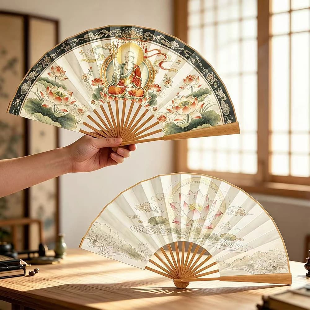Ksitigarbha Bodhisattva Folding Fan | Chinese Fabric surface Bamboo Hand Fan  Summer Decorative Fans for Wedding Gift Home Decor