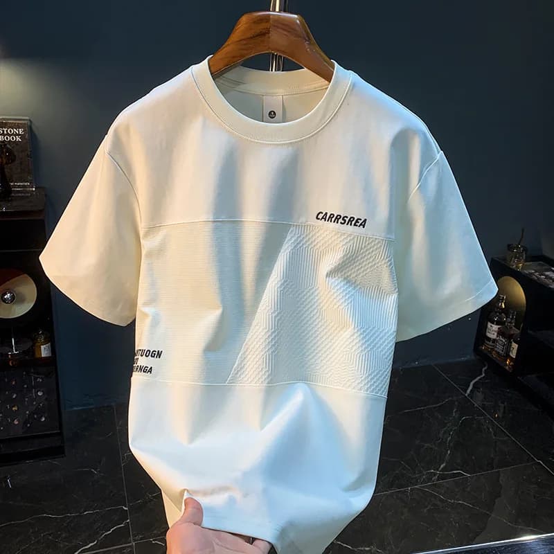 High end T-shirt men's summer 2025 embroidered loose breathable elastic design spliced short sleeved top