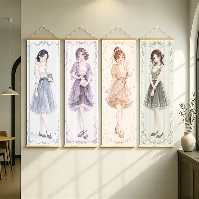 Anime Women in Blue, Lavender, Peach and Sage Dresses Hanging Scroll with Soft Pastel Floral Borders for a Reading Nook