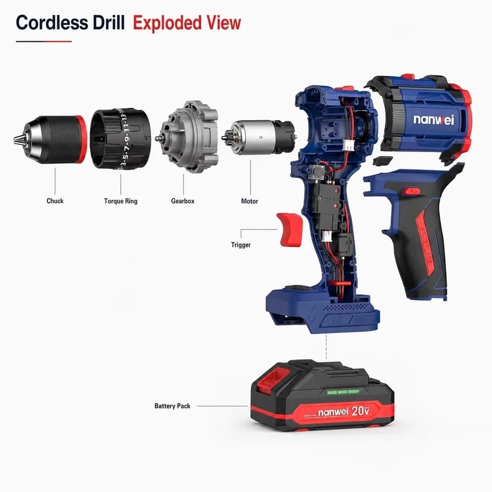 21V Cordless Drill Electric Screwdriver 1/2 Chuck Industrial Grade Powerful Torque Lithium Battery Durable for Home DIY