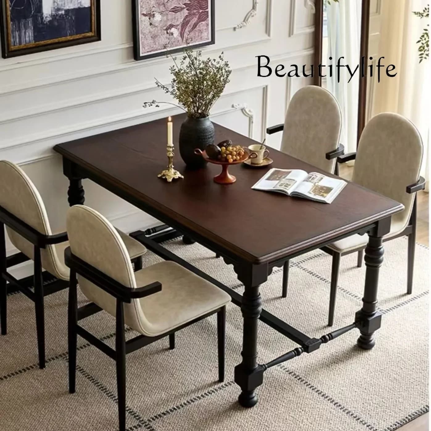 X36 Solid Wood Dining Table And Chairs French Retro Light Luxury Black Rectangular Table Living Room Dining Table