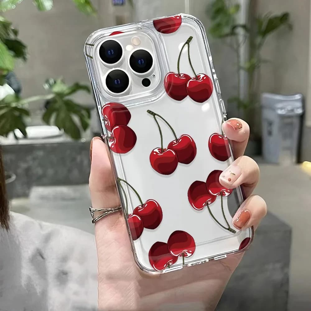 Red Cherry Transparent Phone Case For iPhone 17 16 15 14 13 12 11 Pro Max 17 Air Personality Shockproof Phone Case Cover