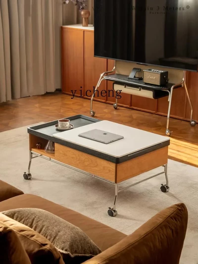 Mobile Lifting Rock Slab Coffee Table Folding Edge Living Room Multi-functional Medium-ancient Solid Wood Sofa Side CabinetN20