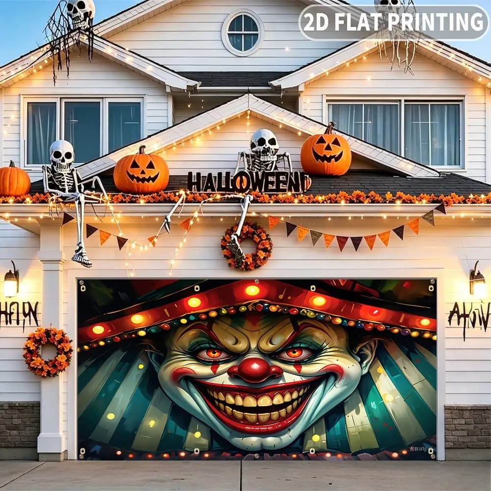 1pc 2D FLAT Halloween Party Garage Banner, Scary Clown Face Carnival Theme Print Pattern, No Power Need, for Garage Door Decor