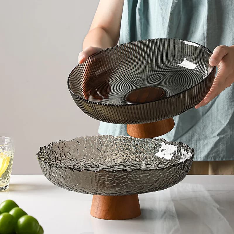 Vintage Style Oak Base Striped Glass High Footed Fruit Tray, Home Living Room Coffee Table Accessories, Dried Fruit Candy Tray