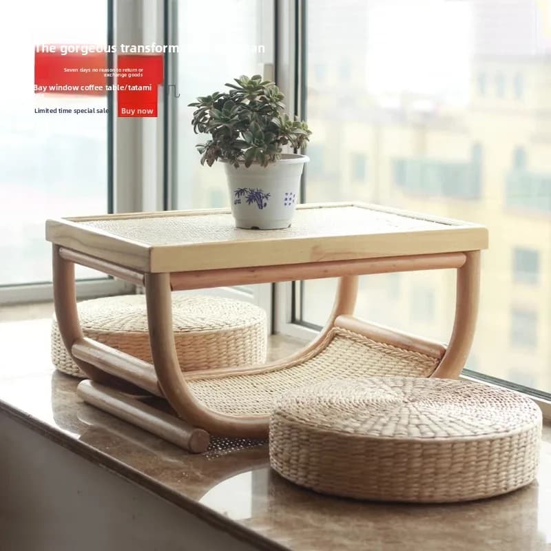 Zen Rattan Tatami Tea Table Minimalist Chinese Balcony Floor Side Table Bay Window Small Meditation Coffee Table