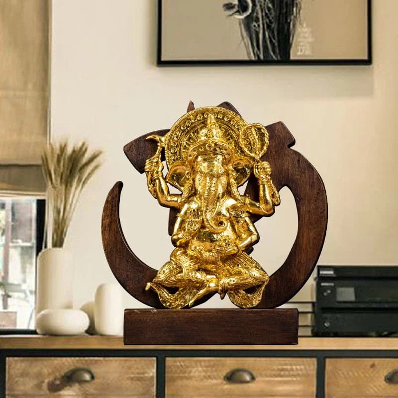 Gold Foil Elephant God Ornament Solid Wood Handcrafted Carved Deity for Living Room Study Craftwork Pure Handmade Decor