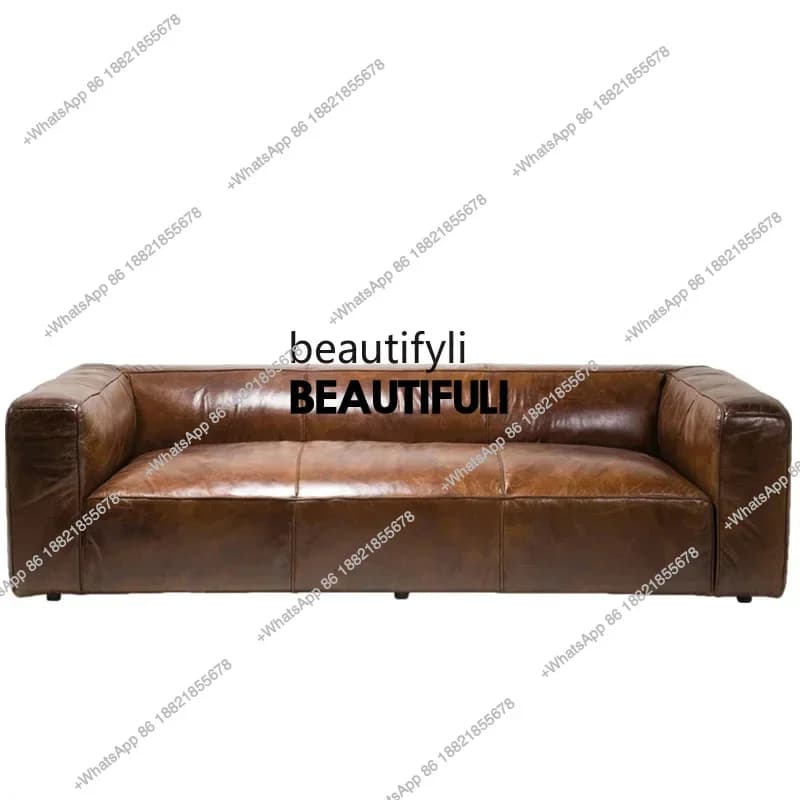 S8617American retro tofu block leather sofa designer living room oil wax leather straight row sofa
