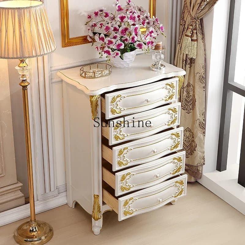 European ivory white chest of drawers solid wood bedroom storage drawer corner cabinet  FT