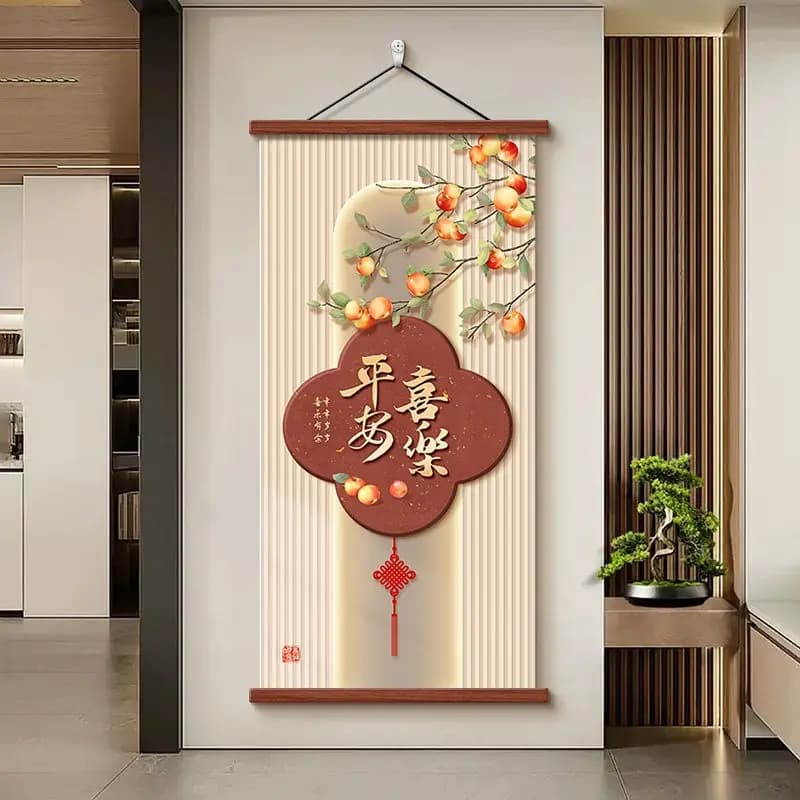 Kawaii Room Decor Cozy Zen Wall Scroll with Cute Cat & Greenery for Minimalist Asian Wall Art for Yoga Studio, Spa wall decor
