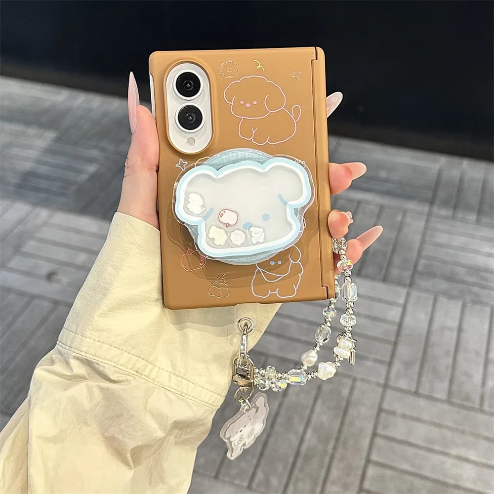 Cute Brown Line‑Drawing Puppy Phone Case For Samsung Galaxy Z Fold8 Crystal Pearl Wrist Chain Hinge Full Protection Hard Cover