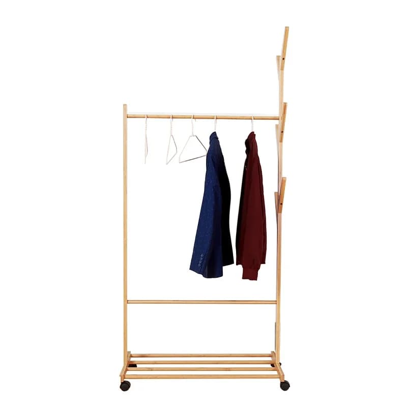 Rolling 3-in-1 Clothes Hanging Organizer Bamboo Coat Rack with Storage Rack with 6