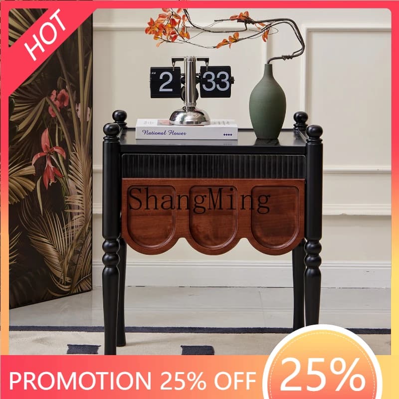 SM new medieval retro solid wood bedside table, living room bedroom decoration edge storage, small table storage cabinet