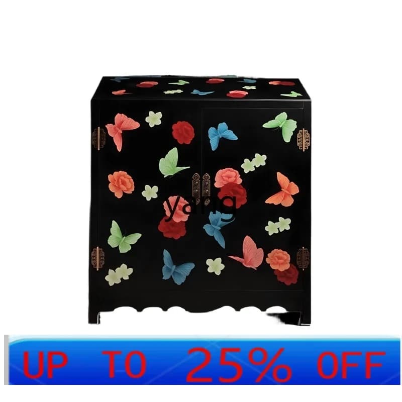 LH New Chinese Furniture Painted Peony Play Butterfly Foyer Entrance Cabinet Shoe Cabinet Home Door Storage