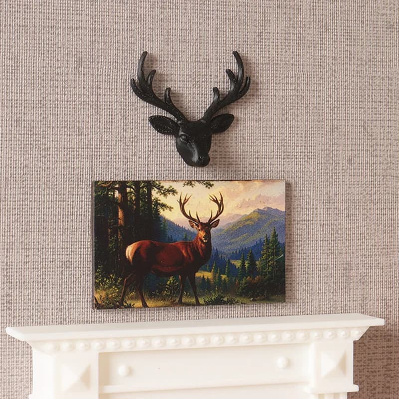 1set Dollhouse Mini Christmas Deer Head Decoration Mini Reindeer Head with Oil Painting Set Miniature Simulation Model Ornament