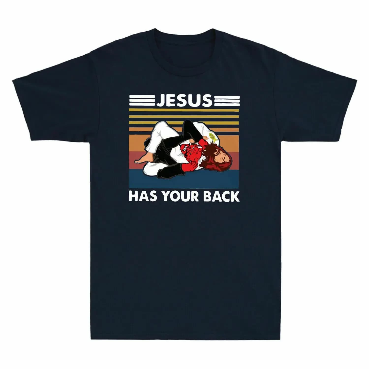 Funny Jesus Has Your Back Vintage Christian Jiu Jitsu Gift T-Shirt 100% Cotton O-Neck Short Sleeve Summer Casual Mens T-shirt