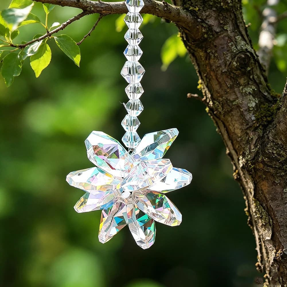 Multi Faceted Iridescent Snowflake Crystal Charm Suncatcher For Window Car Mirror Rainbow Prism Hanging Home Decor Present