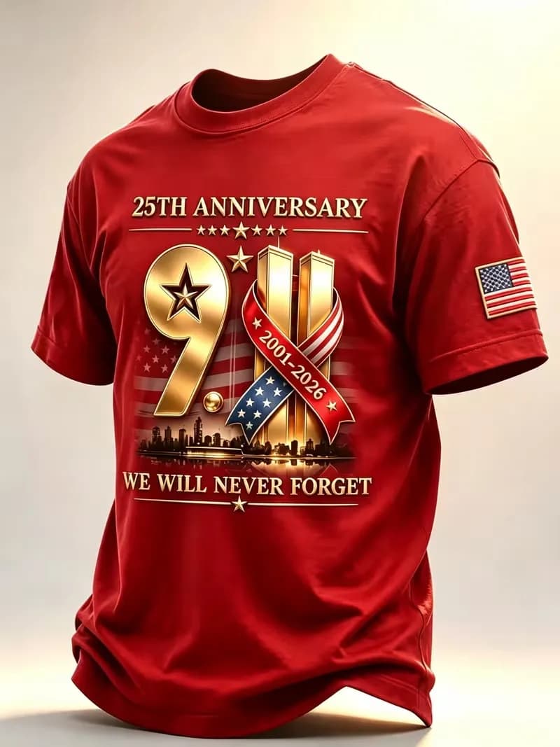911 25th Anniversary T Shirt for Men We Will Never Forget 2001‑2026 Memorial Tee USA Flag Short Sleeve Casual Patriotic T‑Shirt