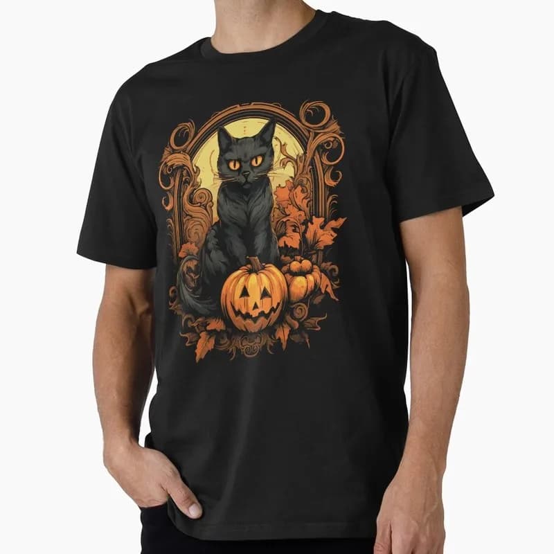 Halloween cat and scary pumpkin Gift T Shirt Funny Spooky Cat Lover Tee Unisex Trick or Treat Costume Party Short Sleeve Tops