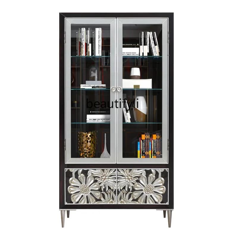 X Light Luxury Bookcase with Glass Door Study Display  Storage Cabinet Storage   Storage Cabinet Paint Simple
