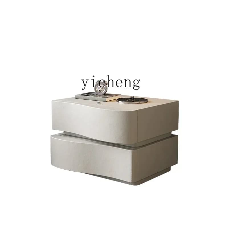 ZZ Bedside Table Cream Style White Smart Light Bedside Cabinet Leather Italian Minimalist Storage Cabinet Design Sense
