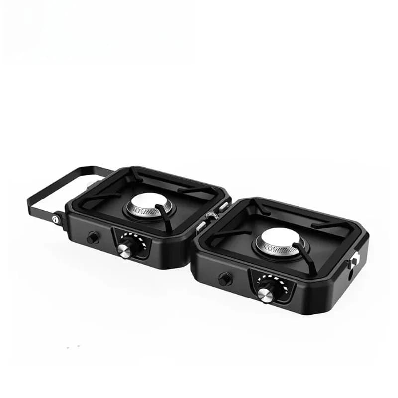 Small indoor and outdoor folding furnace with two gas burners made of steel and stainless steel, suitable for camping