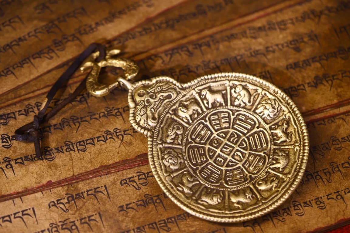 6"Tibetan Temple Collection Old Bronze Cinnabar Mahakala Buddha Head Zodiac Eight Trigrams Buddha Plaque Pendant Amulet Dharam