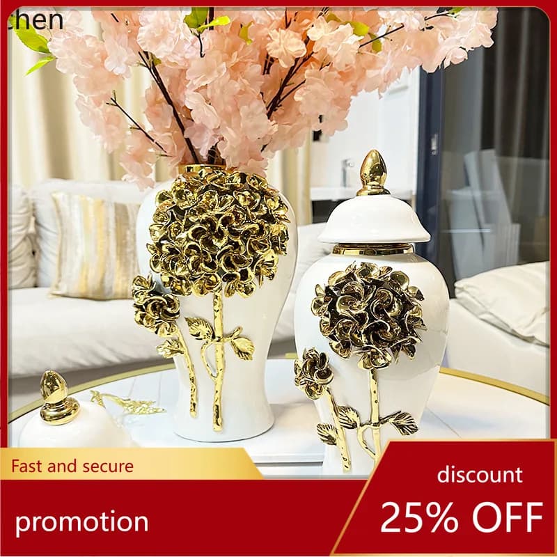 Hxl ceramic hand-painted decal gold-plated vase - decorative accent for entryway or living room
